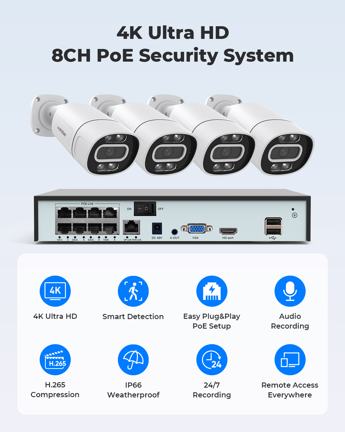 H.View 4K 5Mp 8Mp Poe CCTV Sec - Home Security Outdoor Camera System 评论和价格
